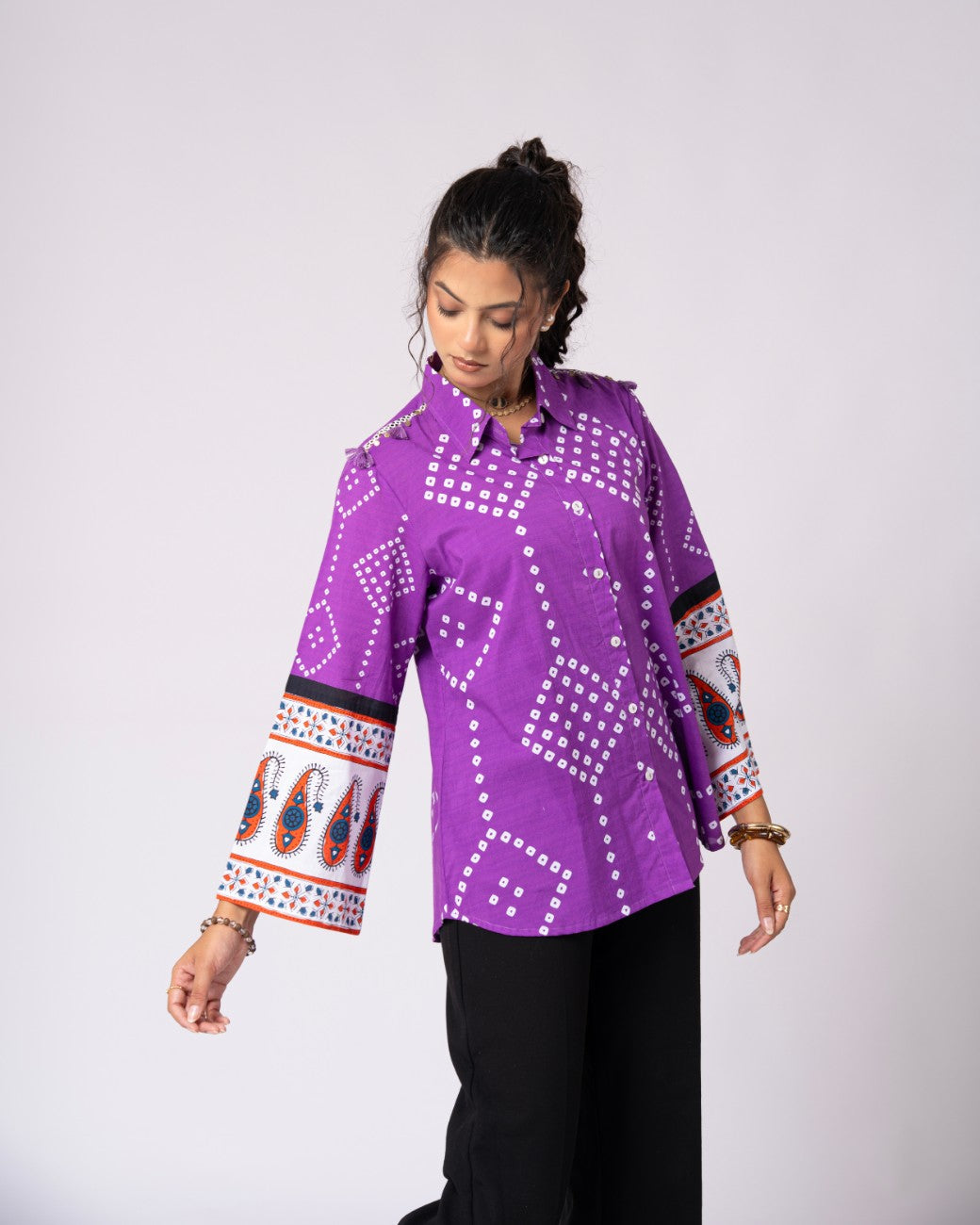 Women’s Purple Printed Flared Sleeve Casual Shirt