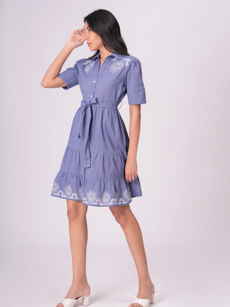 Classic Blue Button-Down Embroidered Fit & Flare Dress with Waist Tie