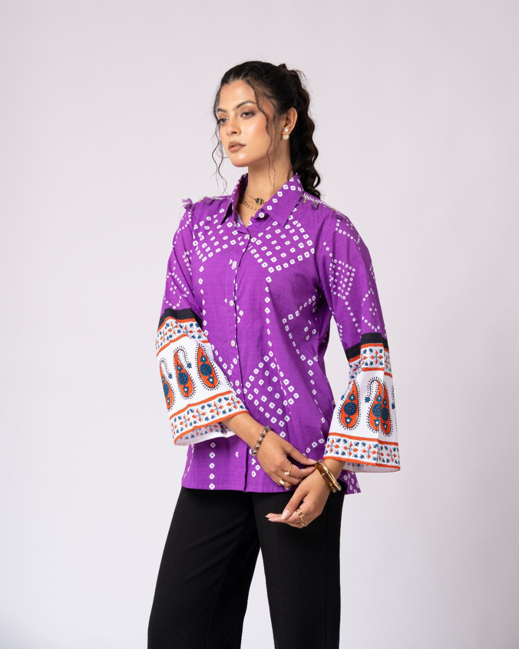 Women’s Purple Printed Flared Sleeve Casual Shirt