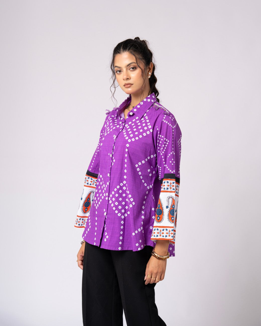 Women’s Purple Printed Flared Sleeve Casual Shirt