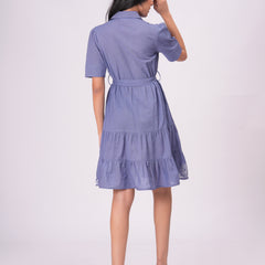 Classic Blue Button-Down Embroidered Fit & Flare Dress with Waist Tie