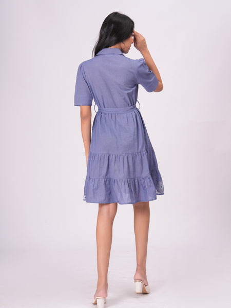 Classic Blue Button-Down Embroidered Fit & Flare Dress with Waist Tie