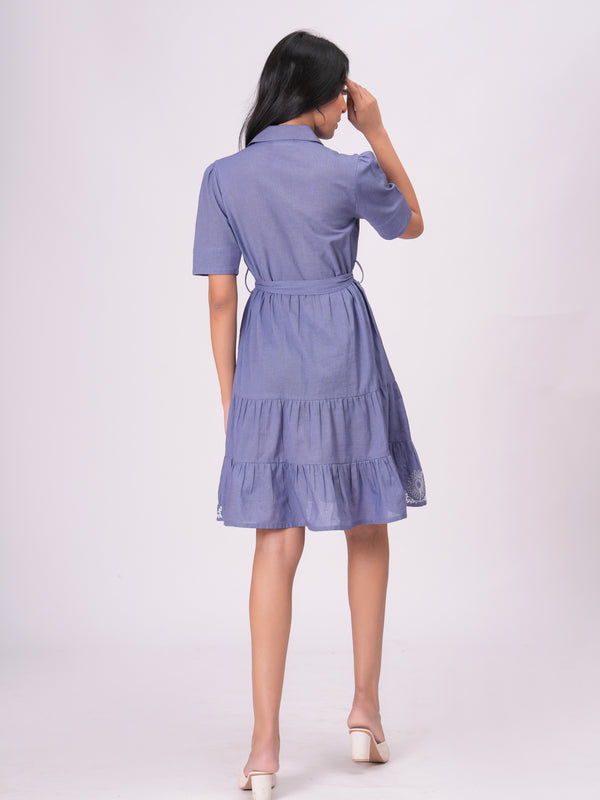 Classic Blue Button-Down Embroidered Fit & Flare Dress with Waist Tie