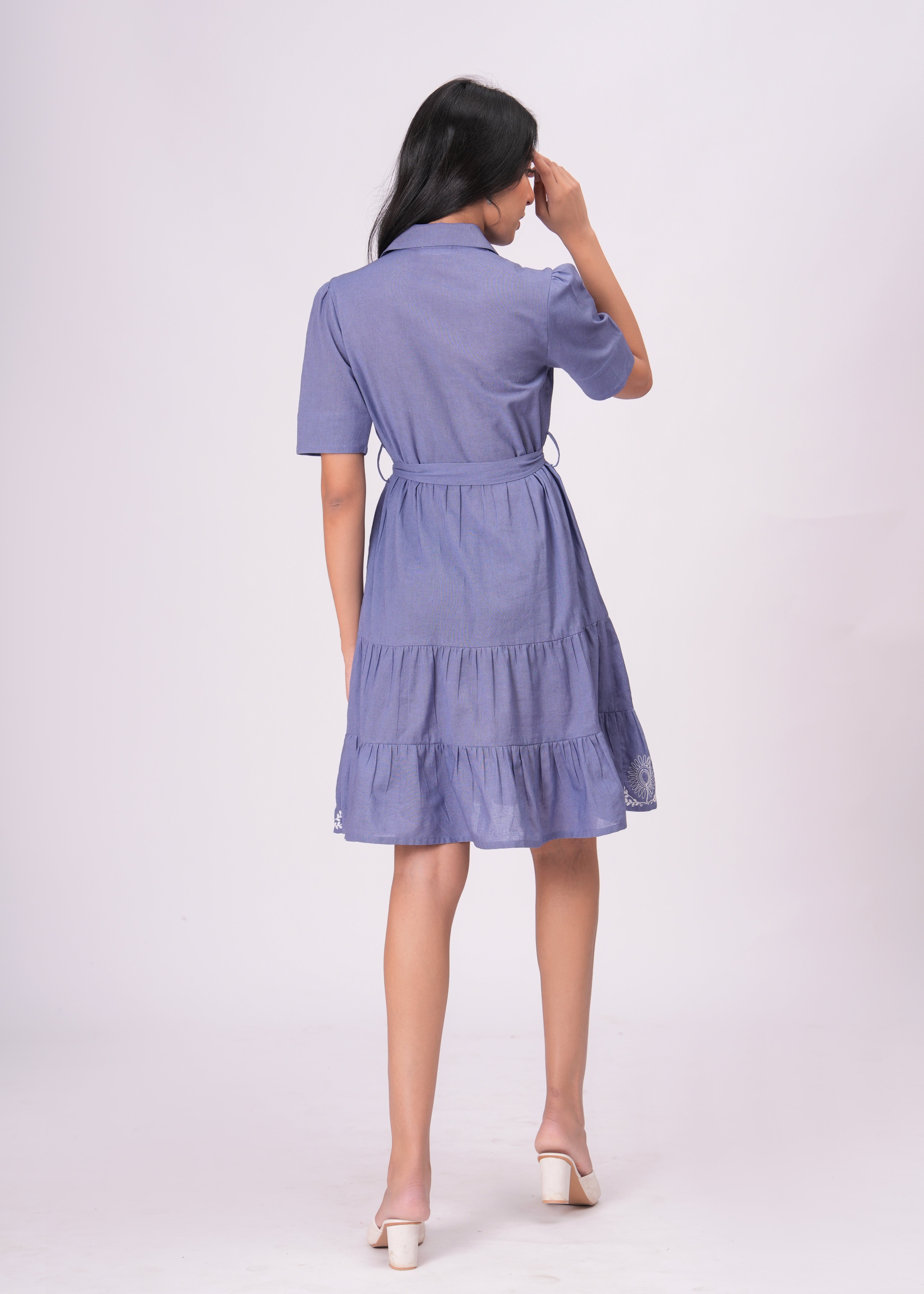 Classic Blue Button-Down Embroidered Fit & Flare Dress with Waist Tie