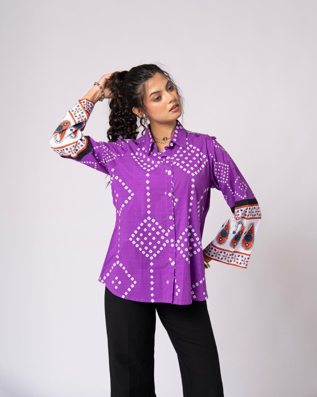 Women’s Purple Printed Flared Sleeve Casual Shirt
