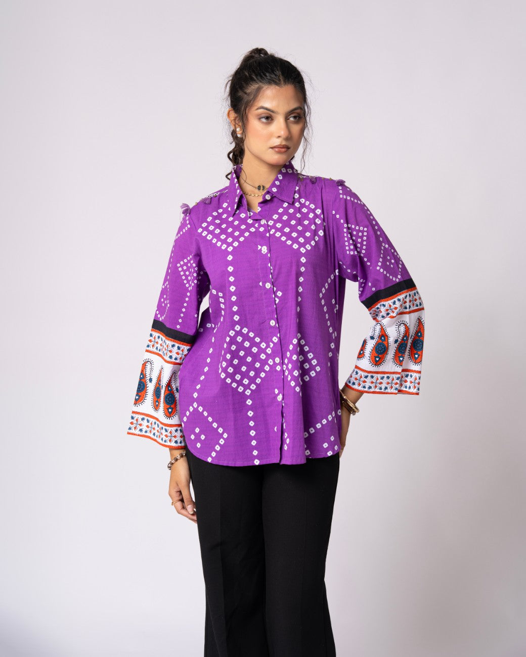Women’s Purple Printed Flared Sleeve Casual Shirt
