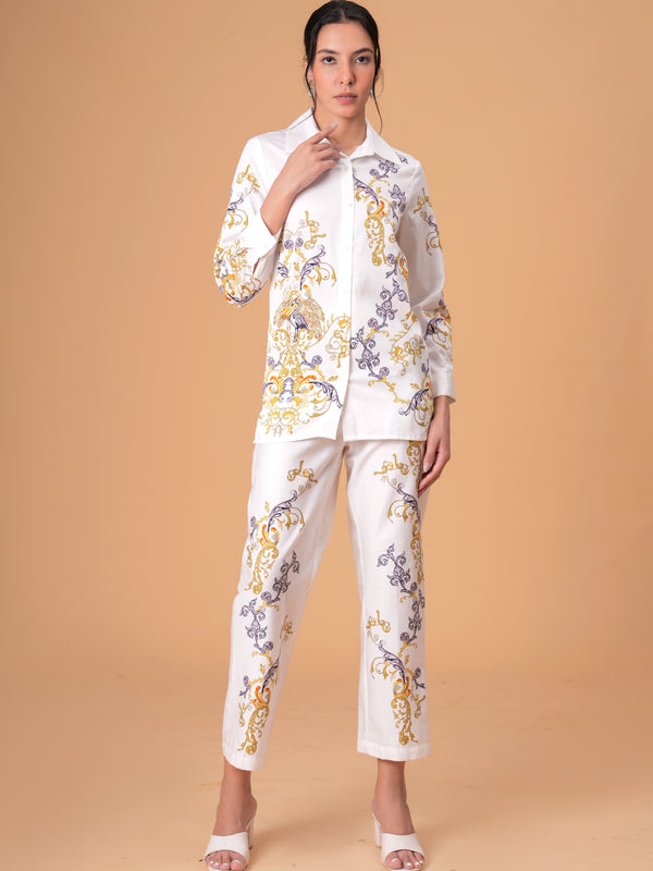 Luxury White Printed Full Sleeve Women’s Co-ord