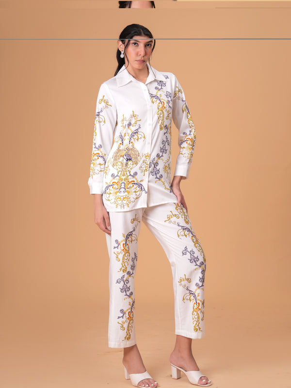 Luxury White Printed Full Sleeve Women’s Co-ord