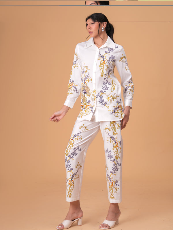 Luxury White Printed Full Sleeve Women’s Co-ord