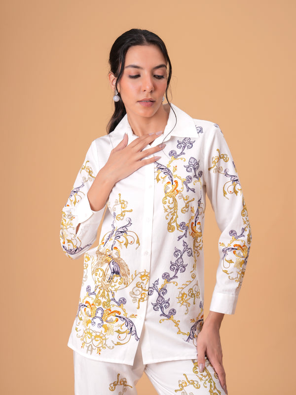 Luxury White Printed Full Sleeve Women’s Co-ord