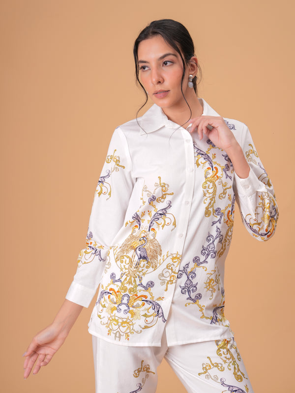 Luxury White Printed Full Sleeve Women’s Co-ord