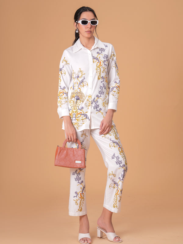 Luxury White Printed Full Sleeve Women’s Co-ord