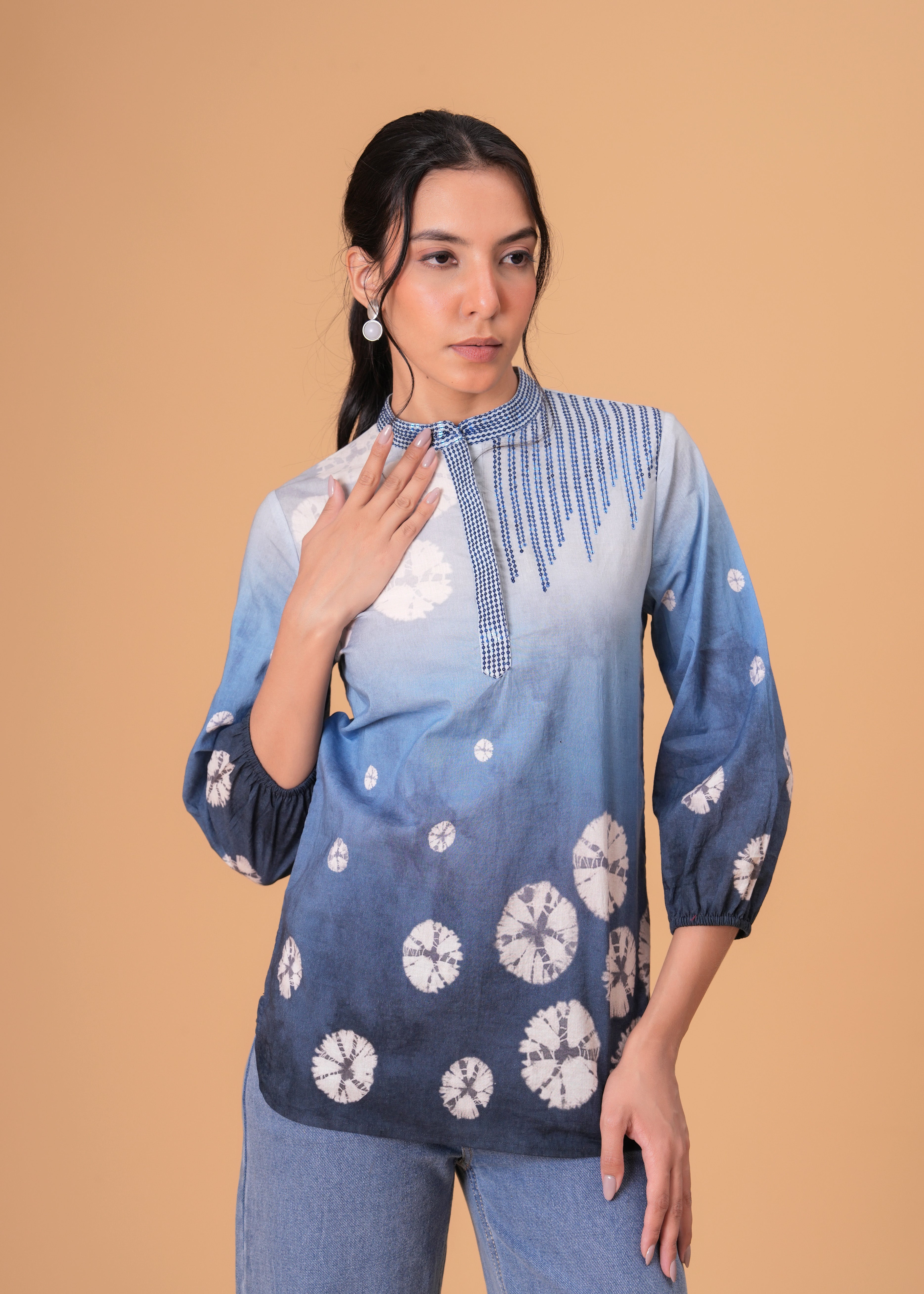 Elegant Blue Cotton Embroidered Top