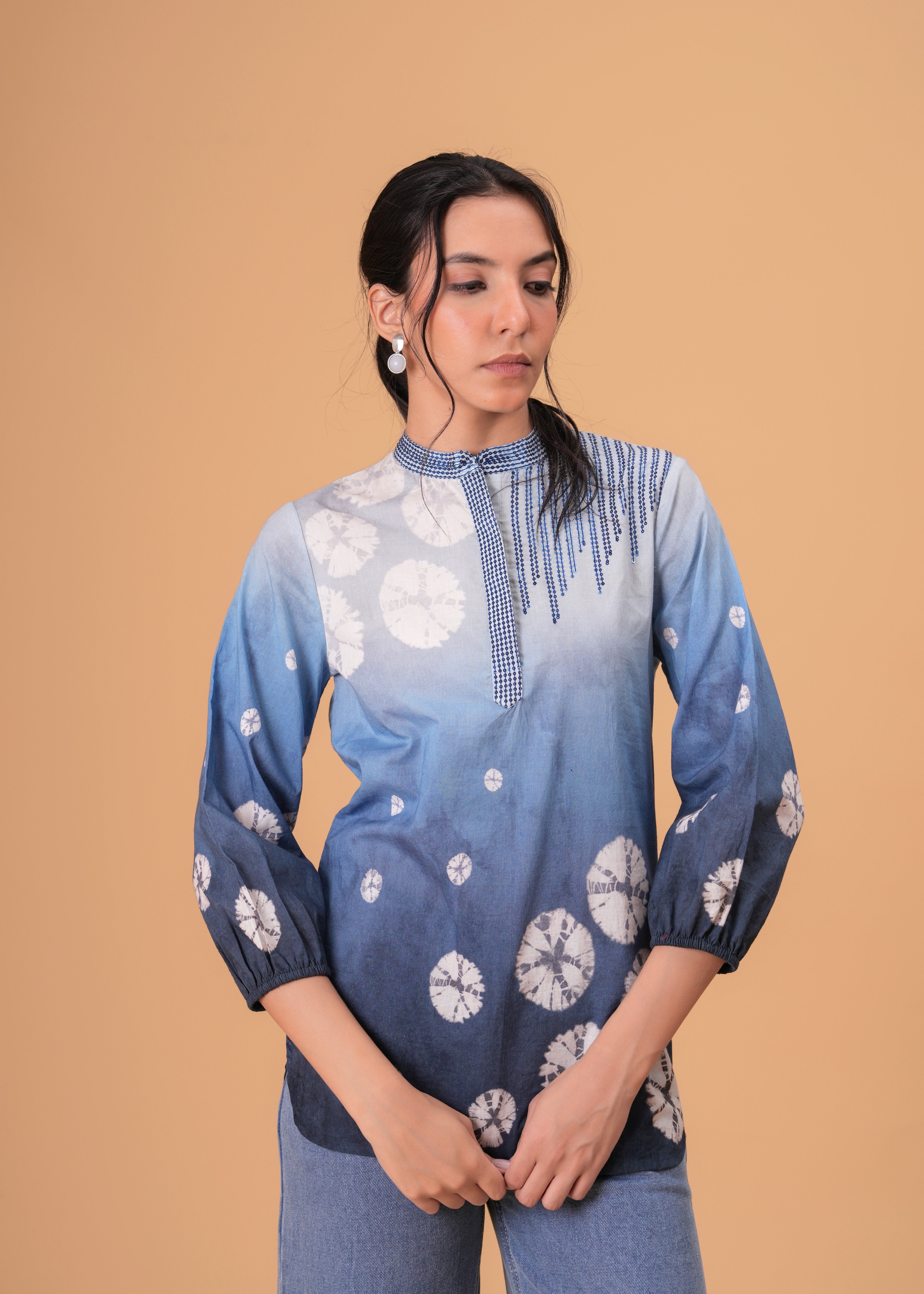 Elegant Blue Cotton Embroidered Top