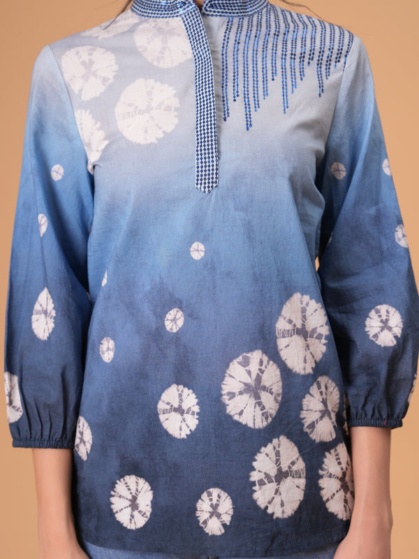 Elegant Blue Cotton Embroidered Top