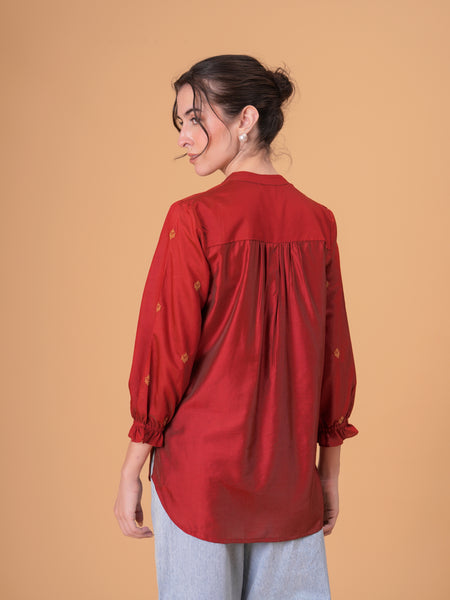 Rust Red Silk-Blend Tunic with Geometric Yoke Embroidery