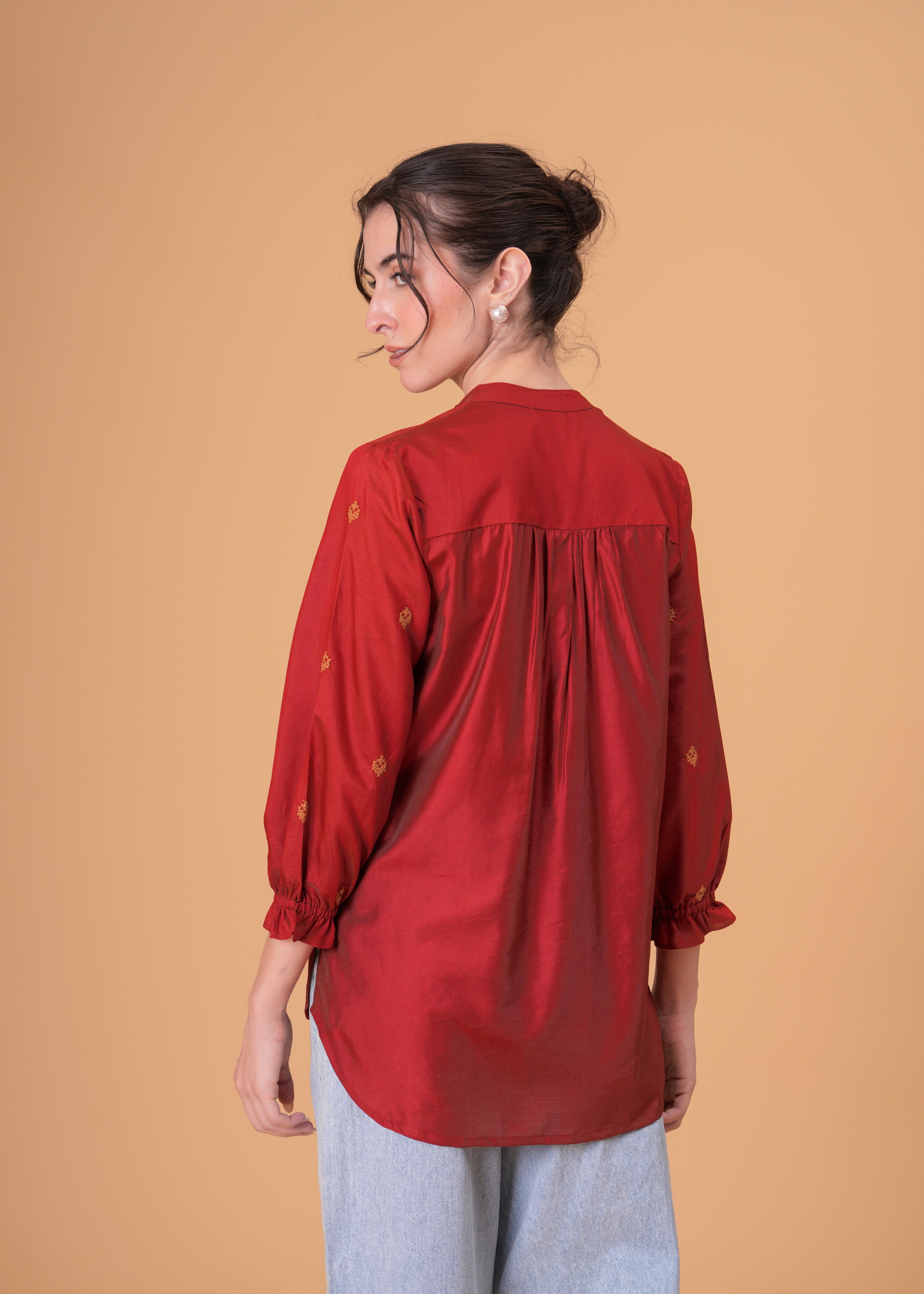Rust Red Silk-Blend Tunic with Geometric Yoke Embroidery