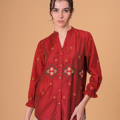 Rust Red Silk-Blend Tunic with Geometric Yoke Embroidery