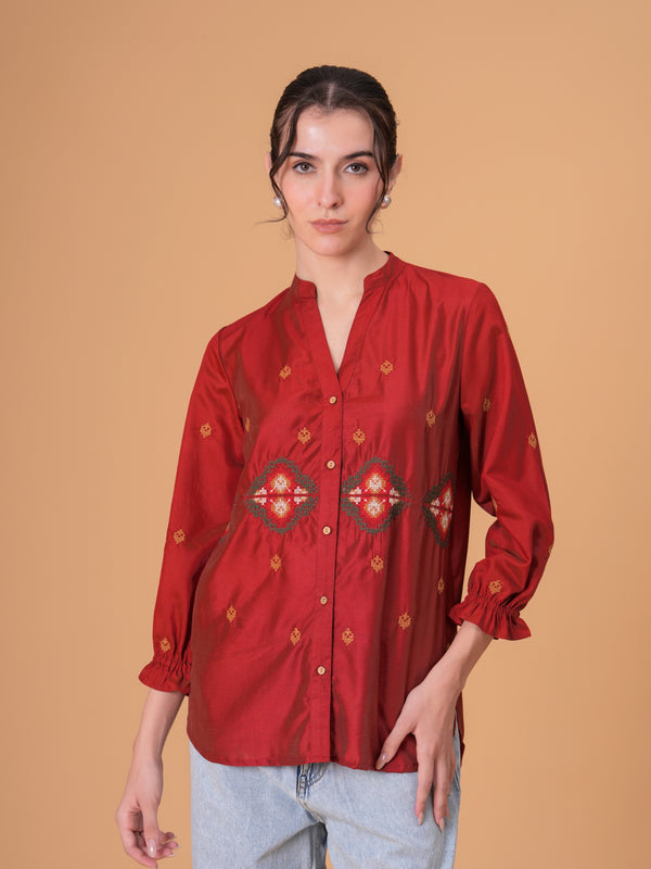 Rust Red Silk-Blend Tunic with Geometric Yoke Embroidery