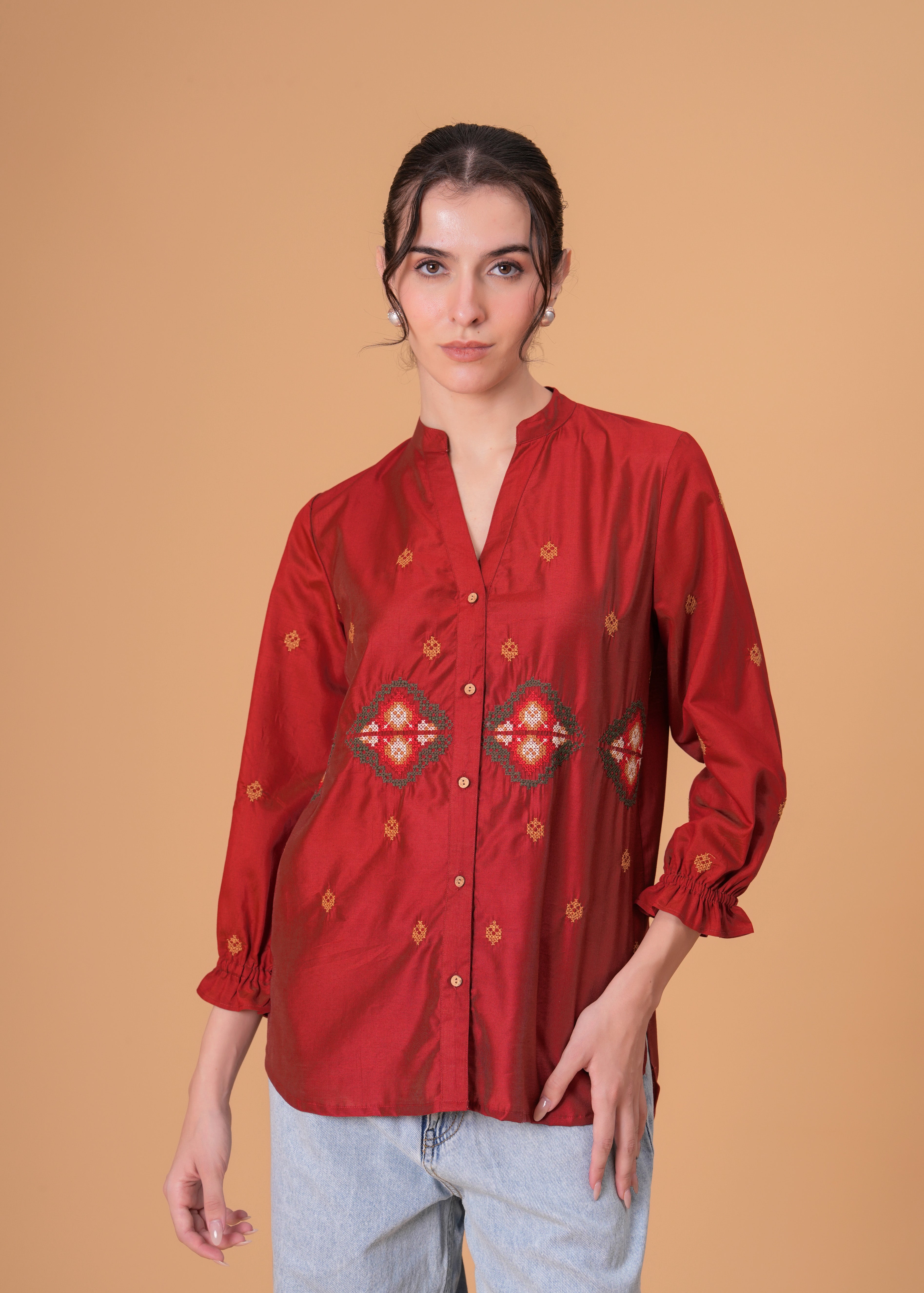 Rust Red Silk-Blend Tunic with Geometric Yoke Embroidery
