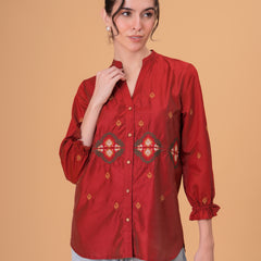 Rust Red Silk-Blend Tunic with Geometric Yoke Embroidery