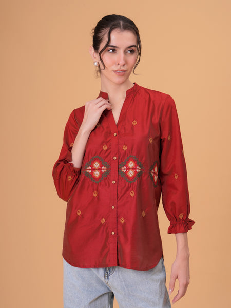 Rust Red Silk-Blend Tunic with Geometric Yoke Embroidery