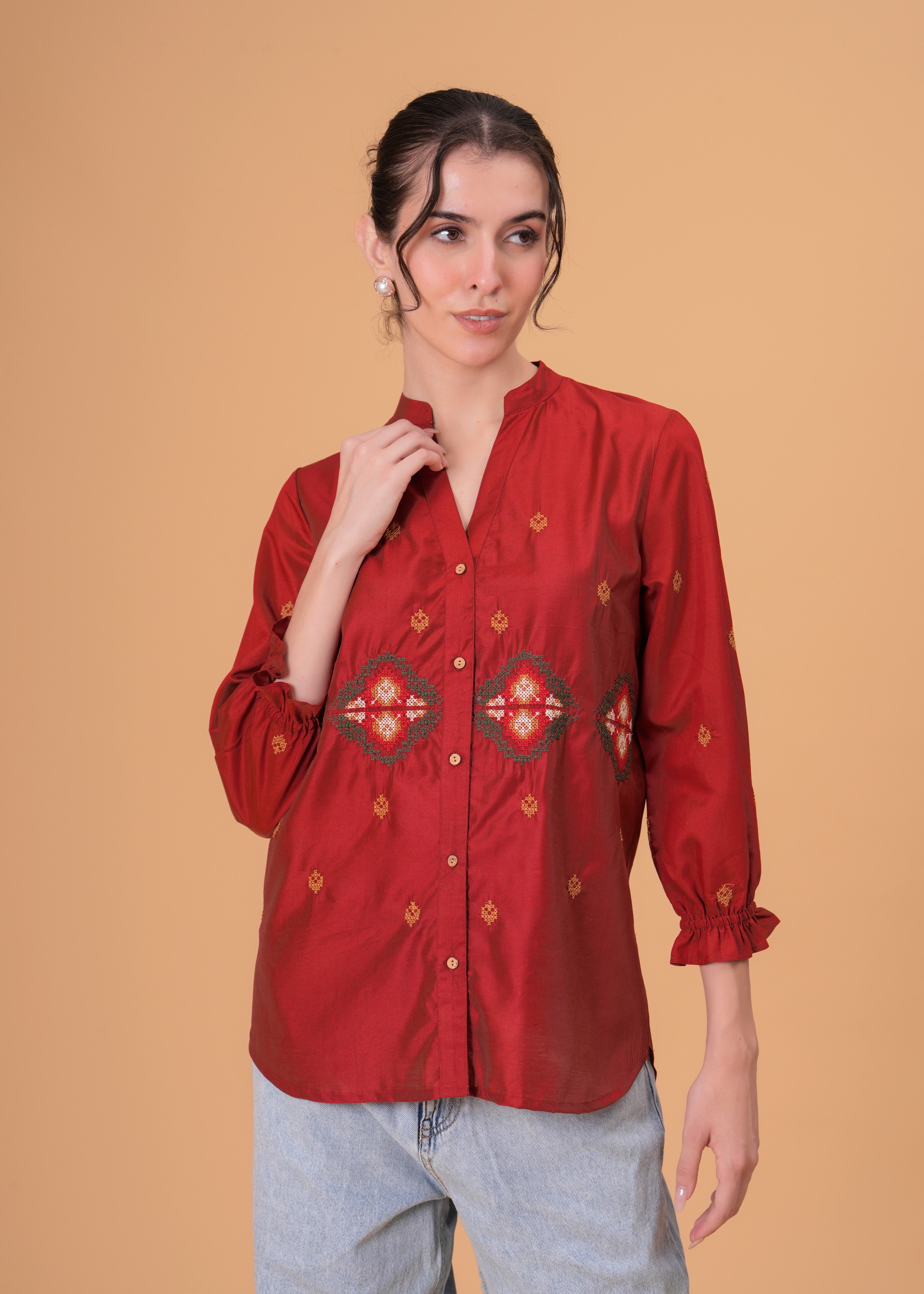 Rust Red Silk-Blend Tunic with Geometric Yoke Embroidery
