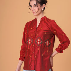 Rust Red Silk-Blend Tunic with Geometric Yoke Embroidery