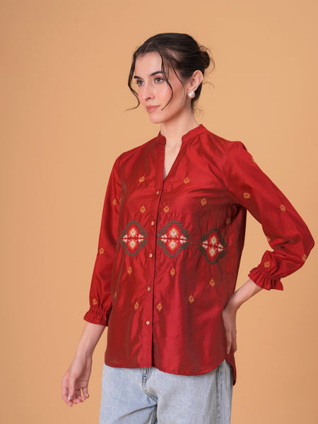 Rust Red Silk-Blend Tunic with Geometric Yoke Embroidery