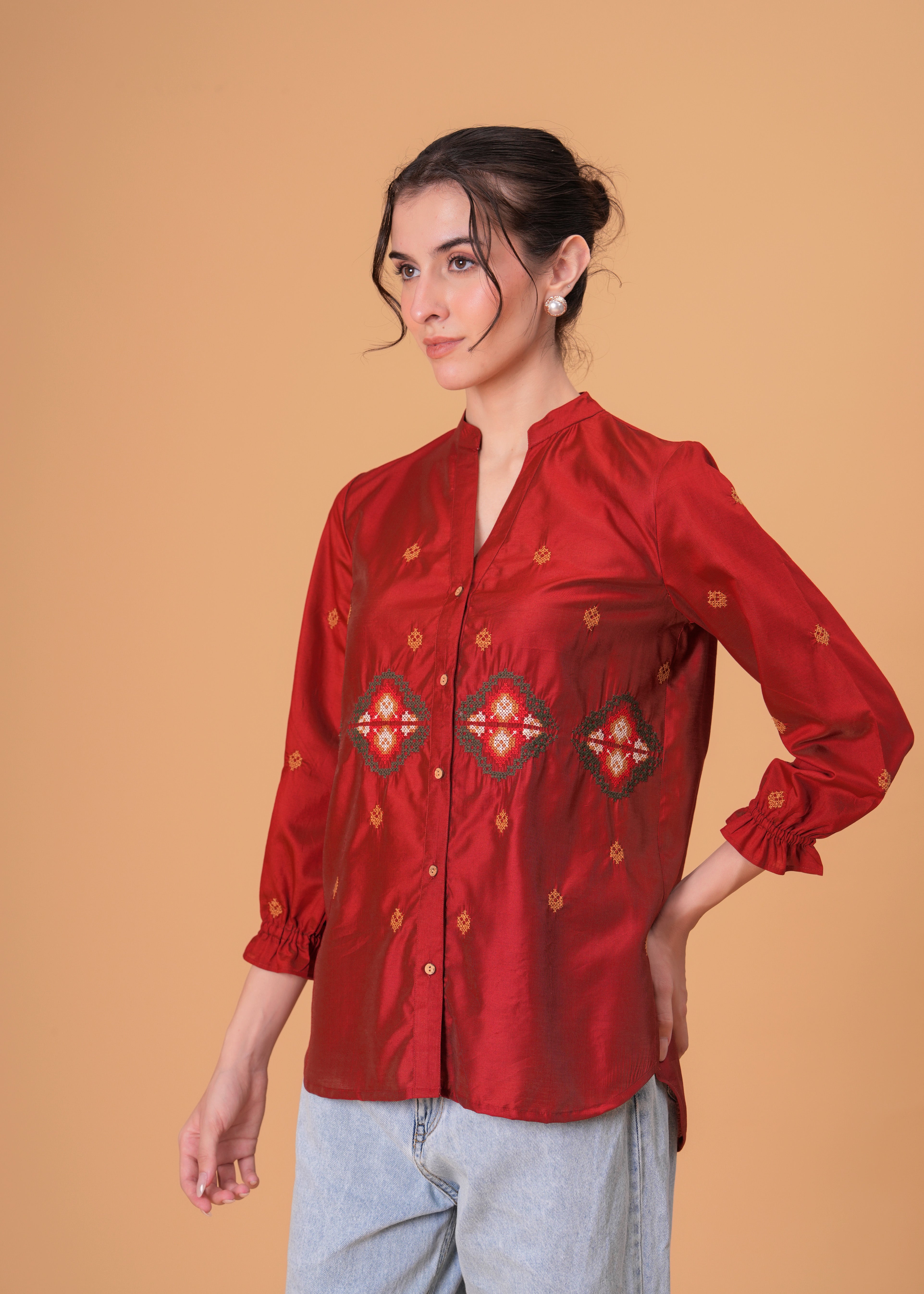 Rust Red Silk-Blend Tunic with Geometric Yoke Embroidery