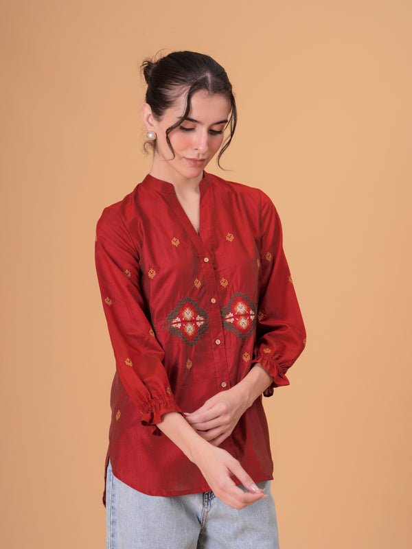 Rust Red Silk-Blend Tunic with Geometric Yoke Embroidery