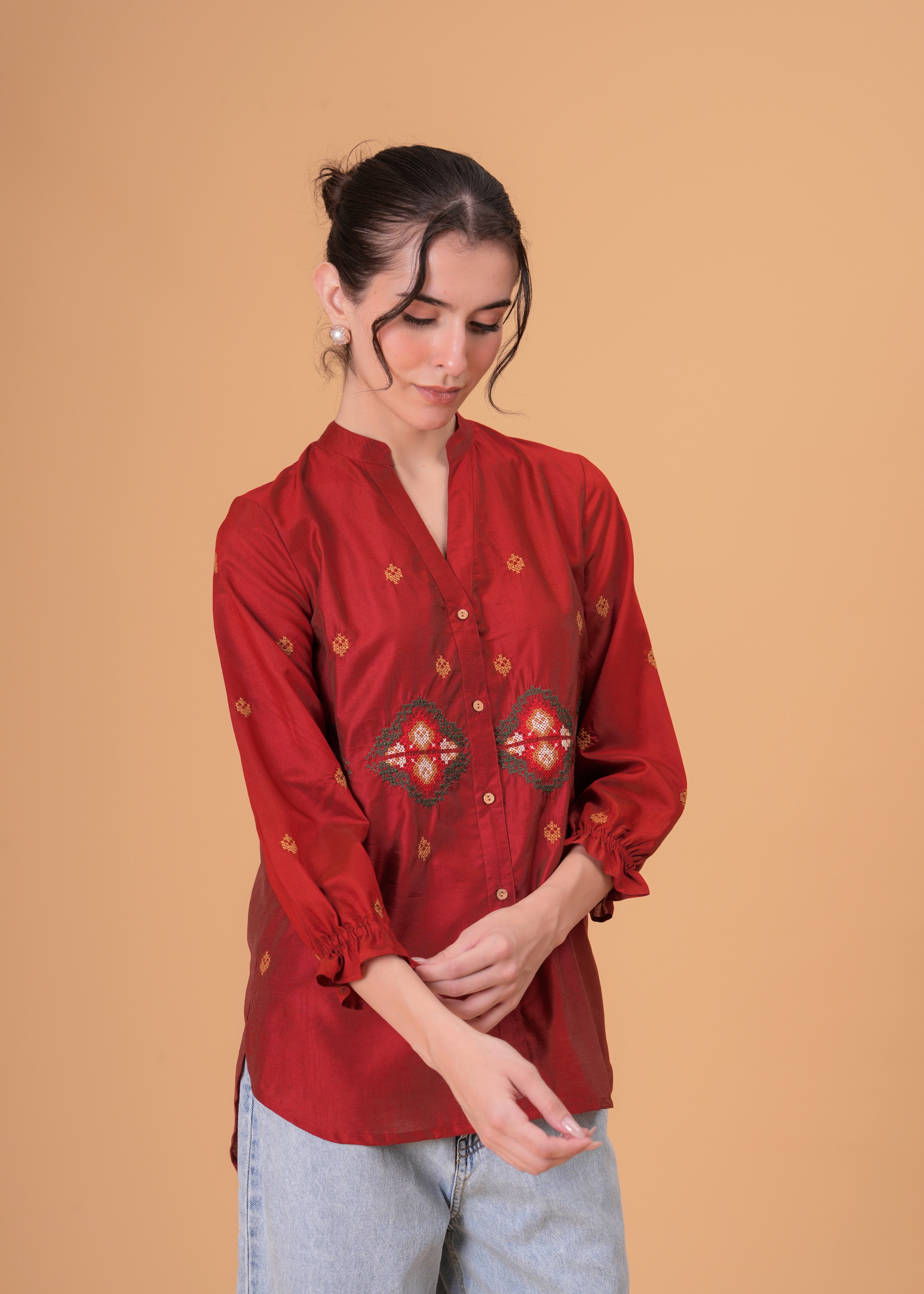 Rust Red Silk-Blend Tunic with Geometric Yoke Embroidery