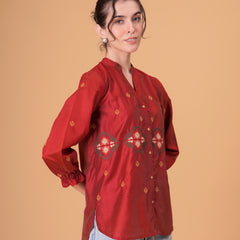 Rust Red Silk-Blend Tunic with Geometric Yoke Embroidery
