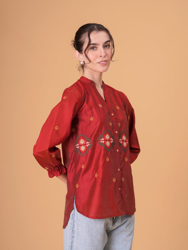 Rust Red Silk-Blend Tunic with Geometric Yoke Embroidery