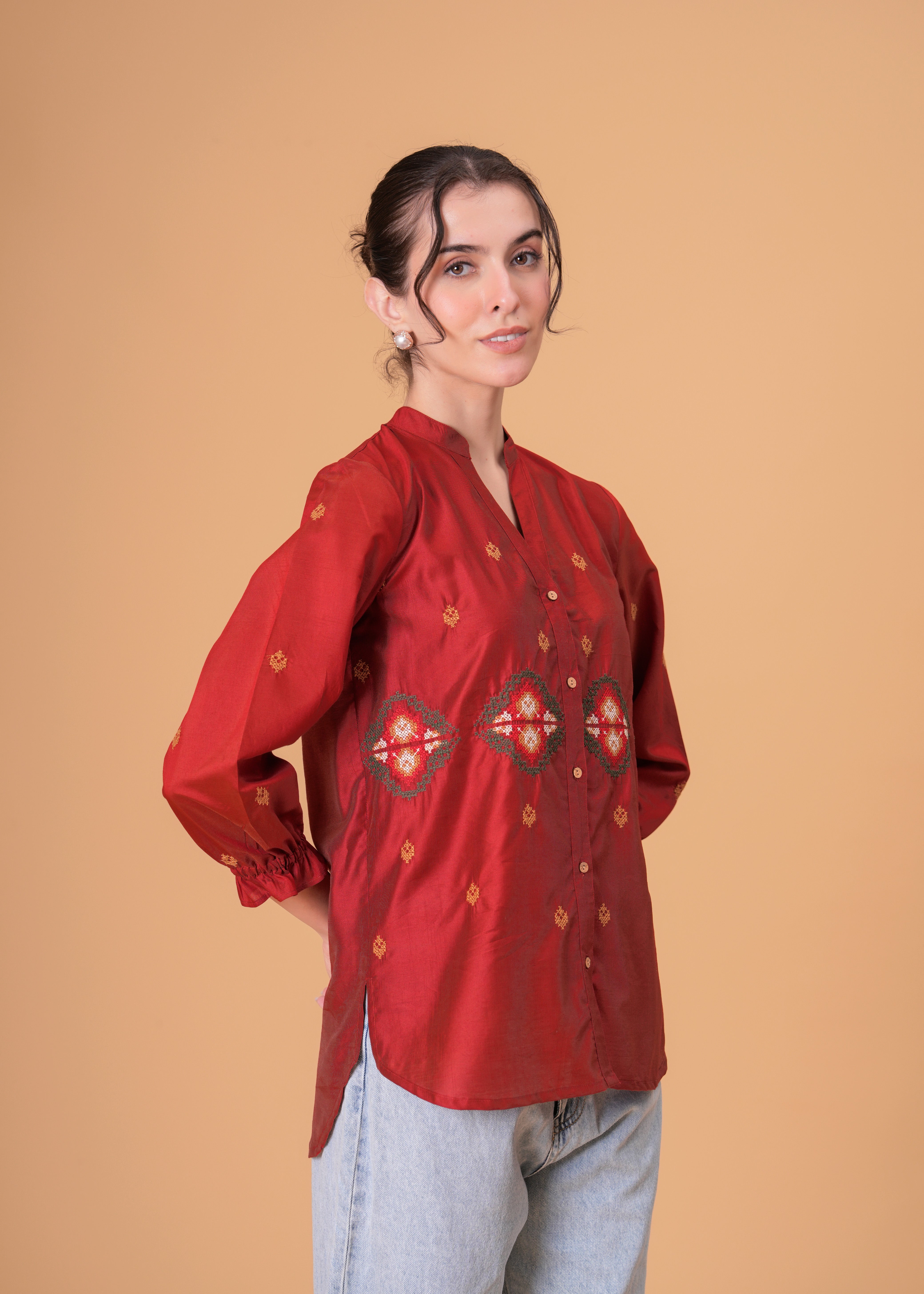 Rust Red Silk-Blend Tunic with Geometric Yoke Embroidery