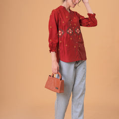Rust Red Silk-Blend Tunic with Geometric Yoke Embroidery