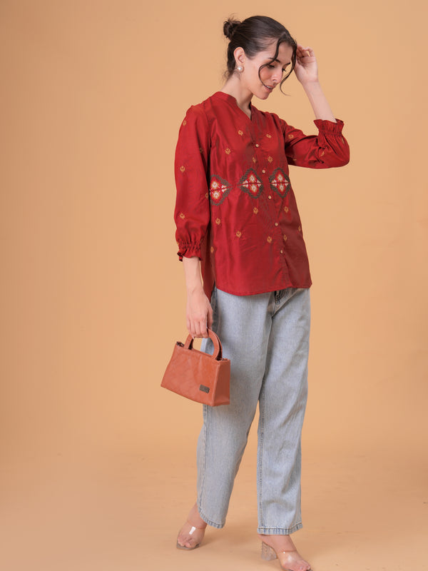 Rust Red Silk-Blend Tunic with Geometric Yoke Embroidery