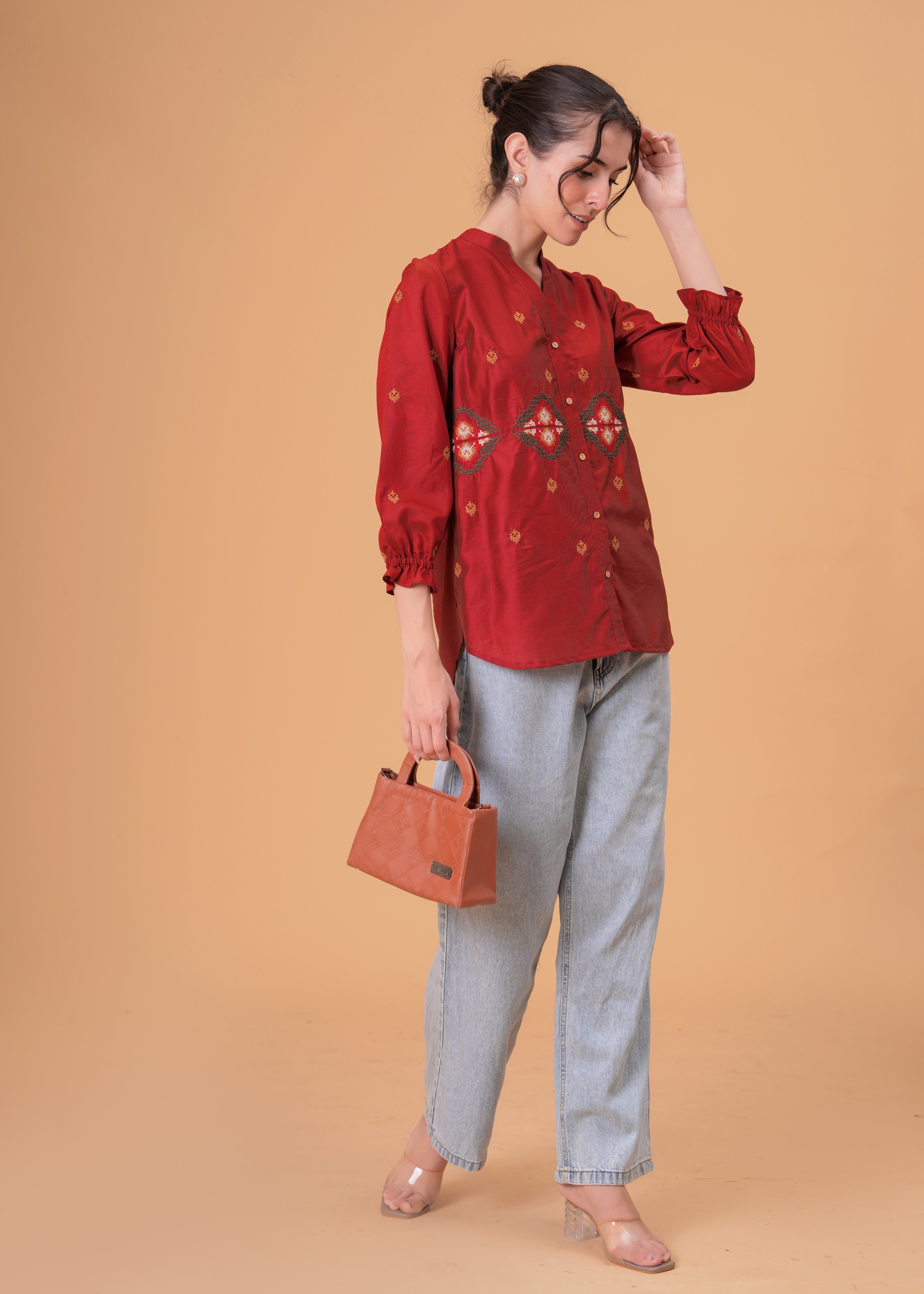 Rust Red Silk-Blend Tunic with Geometric Yoke Embroidery