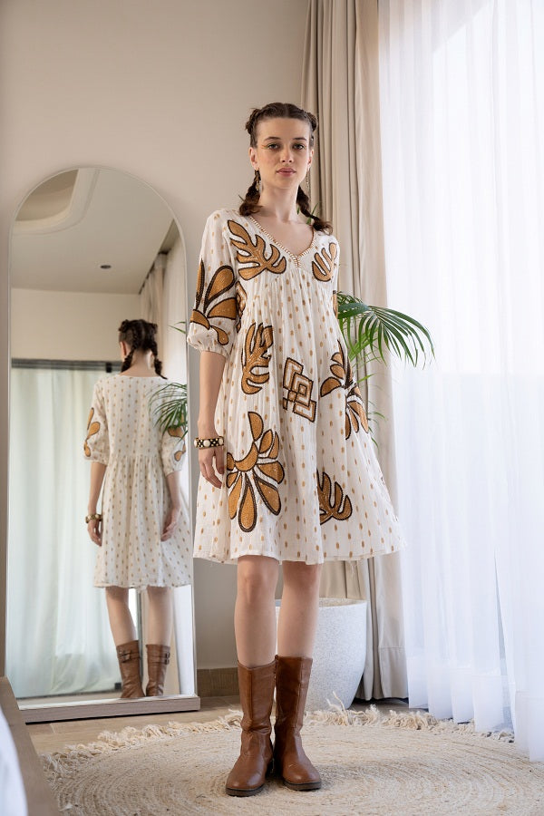 Off White Brown Embroidered Mini Dress