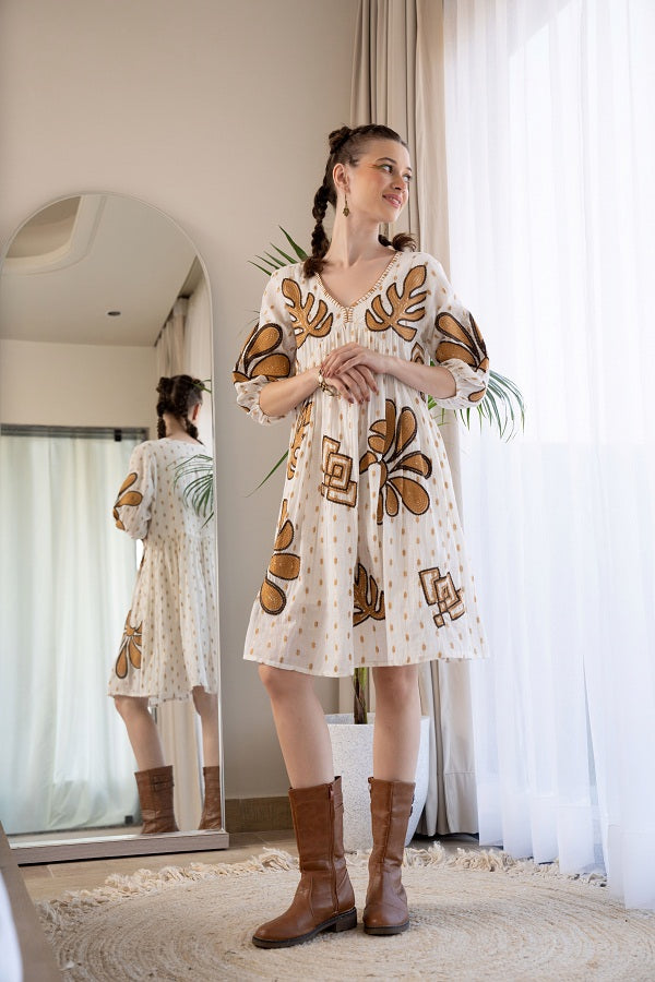 Off White Brown Embroidered Mini Dress