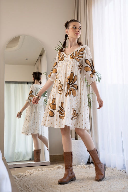 Off White Brown Embroidered Mini Dress