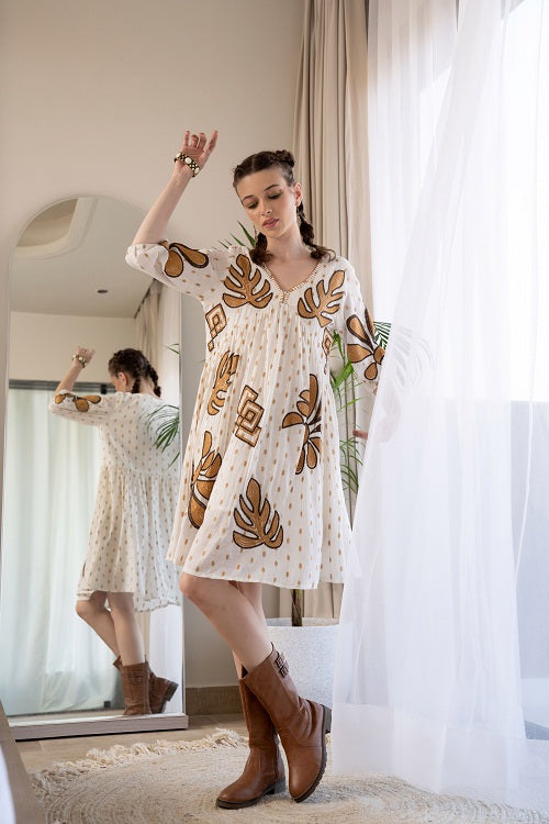 Off White Brown Embroidered Mini Dress