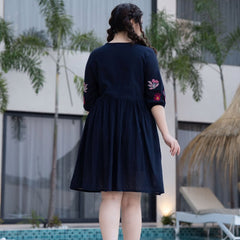 Black Cotton Midi Dress with Embroidered Bodice & Elbow-Length Sleeves