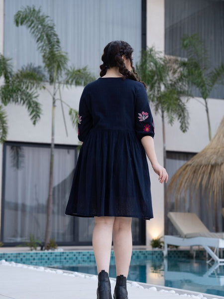 Black Cotton Midi Dress with Embroidered Bodice & Elbow-Length Sleeves