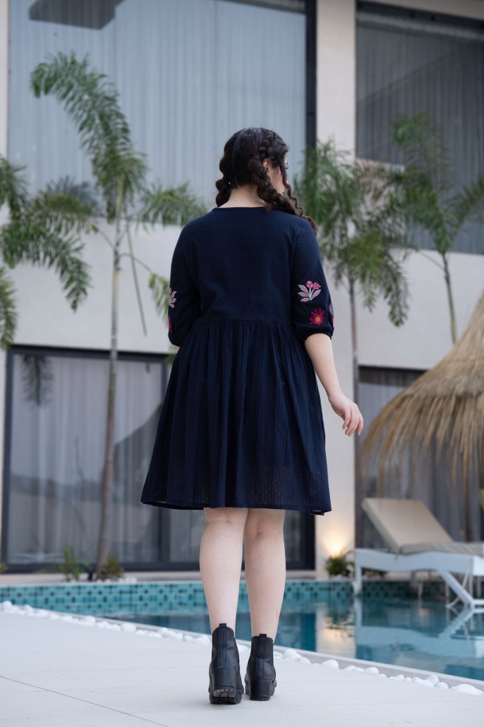 Black Cotton Midi Dress with Embroidered Bodice & Elbow-Length Sleeves