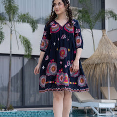 Black Cotton Midi Dress with Embroidered Bodice & Elbow-Length Sleeves