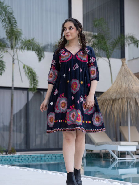 Black Cotton Midi Dress with Embroidered Bodice & Elbow-Length Sleeves