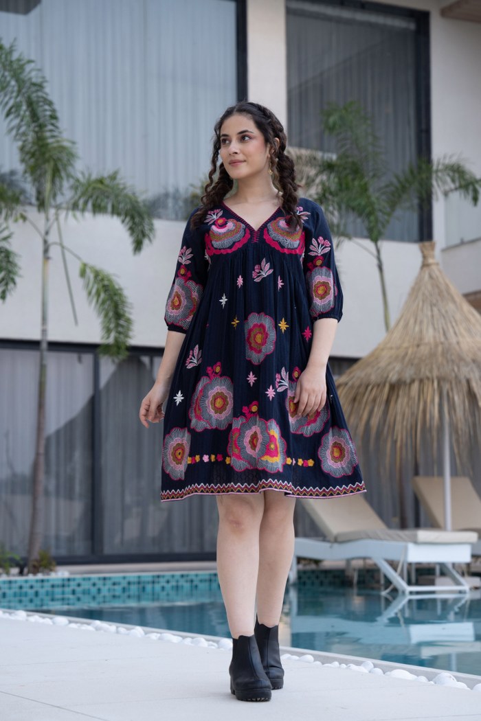 Black Cotton Midi Dress with Embroidered Bodice & Elbow-Length Sleeves