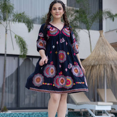 Black Cotton Midi Dress with Embroidered Bodice & Elbow-Length Sleeves