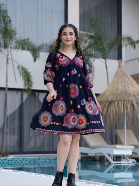 Black Cotton Midi Dress with Embroidered Bodice & Elbow-Length Sleeves